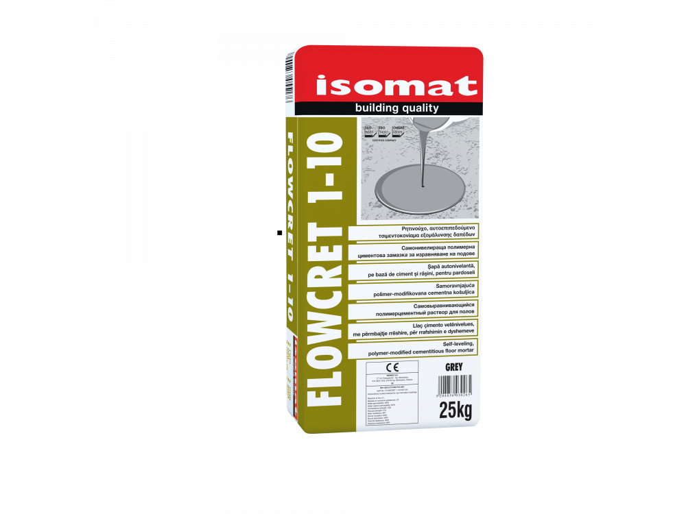Isomat Flowcret 1-10 Γκρι 25Kg Ρητινούχο Αυτοεπιπεδούμενο Τσιμεντοκονίαμα Εξομάλυνσης Δαπέδων