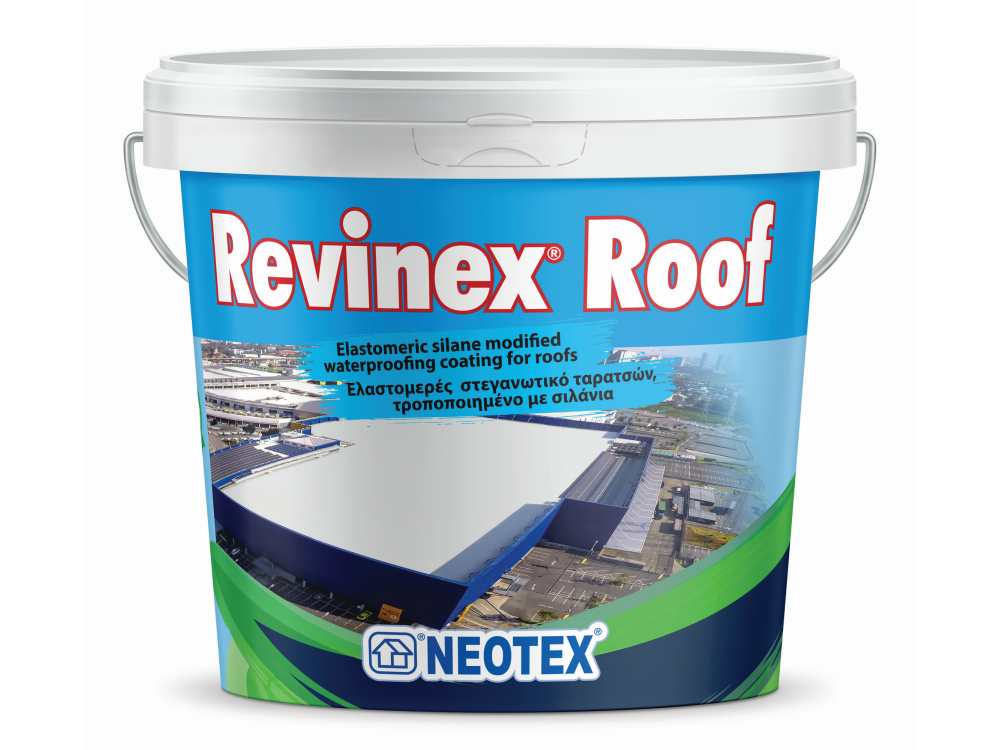 Neotex Revinex Roof Λευκό 5Kg Ελαστομερές Ακρυλικό Στεγανωτικό Ταρατσών με Σιλάνια