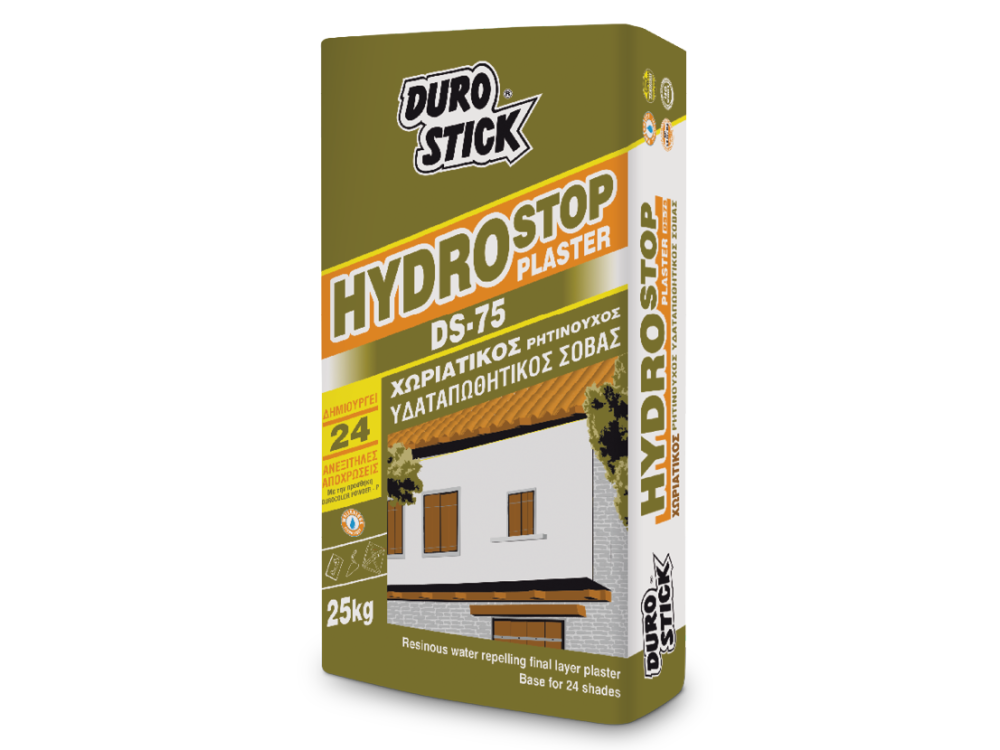 Durostick Hydrostop Plaster DS- 75 Λευκός 25Kg Χωριατικος Ρητινούχος Υδαταπωθητικός Σοβάς Τελικής Στρώσης